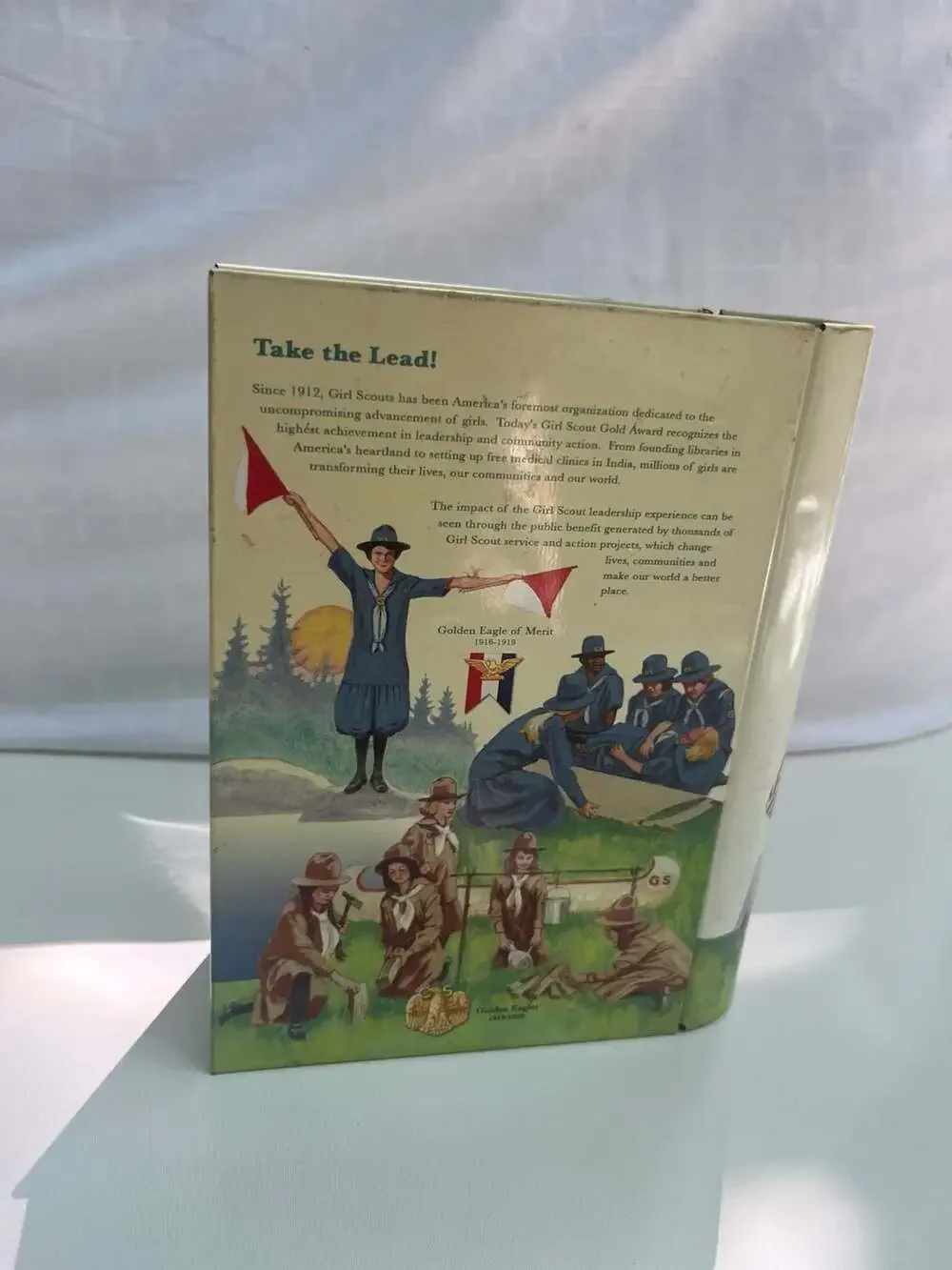 Vintage Girl Scouts Take the Lead Collectible Metal Book-Shaped Storage Tin
